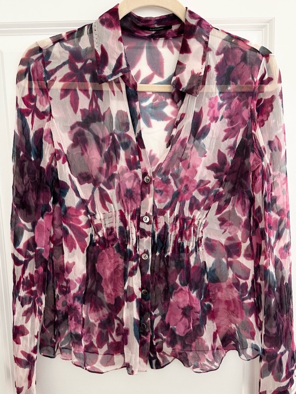 100% Silk Elie Tahari Floral Sheer Summer / Fall Button Down Blouse Plum Fuchsia